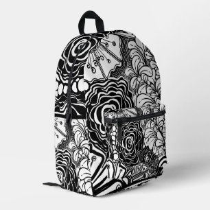 Mochila Impresa Dibujo Floral Zen blanco y negro con estampado