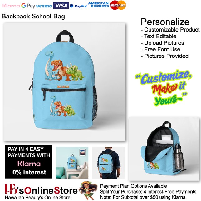 Mochila Impresa Dinosaur Reptiles Blue School Backpack 15 (Dinosaur Reptiles Black & Blue School Backpack 16.)