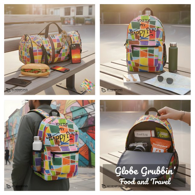Mochila Impresa Diseñar para la positividad: Happy Colours Happy P (Pack your positivity and your appetite! 🎒🍜 Our Happy Colors backpack is the ultimate companion 4 U)
