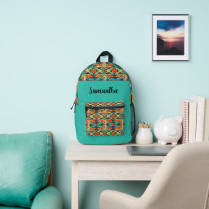 Mochila Impresa Diseño Azteca Nativo Americano en Turquesa