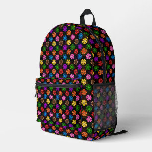 Mochila Impresa Diseño de flores de arcoíris retro coloridas negro