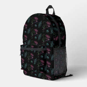 Mochila Impresa Diseño de flores Purpurinoso en negro