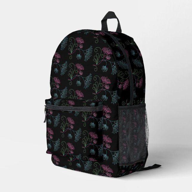 Mochila Impresa Diseño de flores Purpurinoso en negro (Esquina derecha trasera )