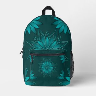Mochila Impresa Diseño de Mandala de Hoja Verde Azulada sobre Cian