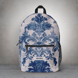 Mochila Impresa Diseño de Monograma de Toile de Jouy Azul Vintage 