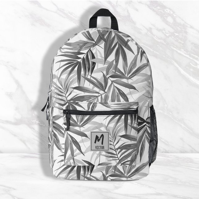 Mochila Impresa Diseño de monograma del patrón de hojas tropicales (modern tropical leaf pattern monogram design printed backpacks, travel bags, back to school)