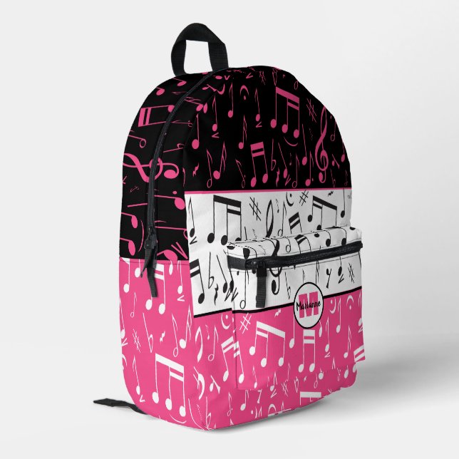 Mochila Impresa Diseño de música rosa, negro y blanco personalizad (Esquina izquierda trasera)