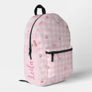 Mochila Impresa Diseño de nombre con lazo de cereza en gingham ros
