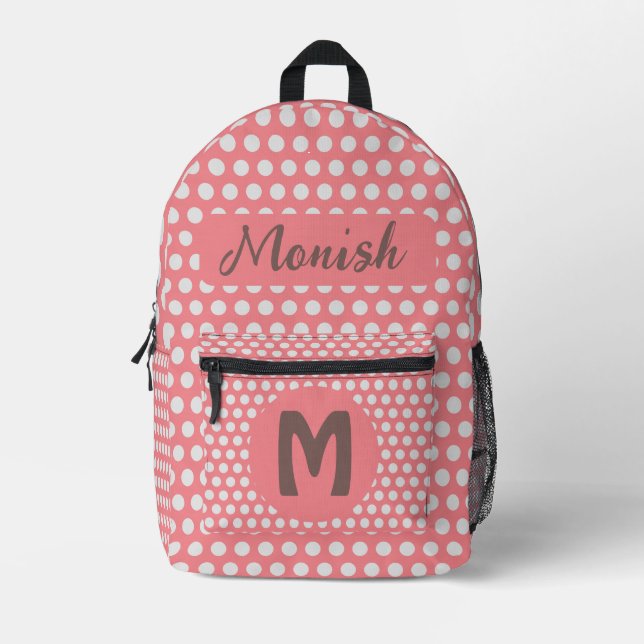 Mochila Impresa Diseño de puntos rosados de polka nombre personali (Anverso)