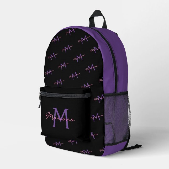 Mochila Impresa diseño elegante de monograma púrpura rosa negro (Esquina derecha trasera )