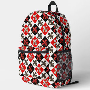 Mochila Impresa Diseño Fleur-de-lis con cuadros blancos rojos
