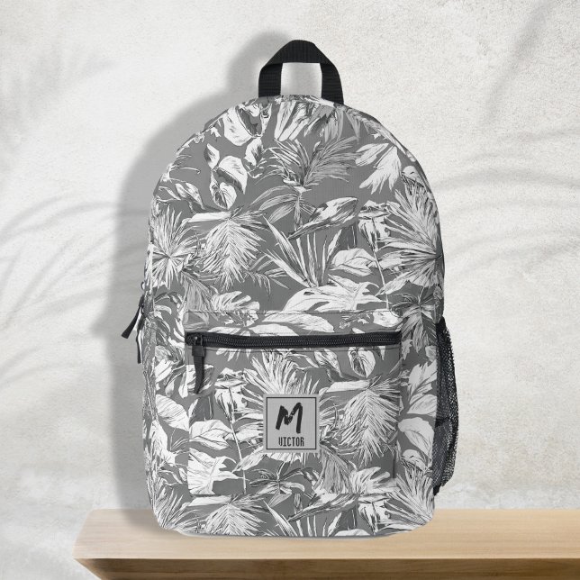 Mochila Impresa Diseño moderno de monograma blanco gris de hoja tr (modern trendy tropical leaf grey white name custom design printed backpack, back to school, travel)