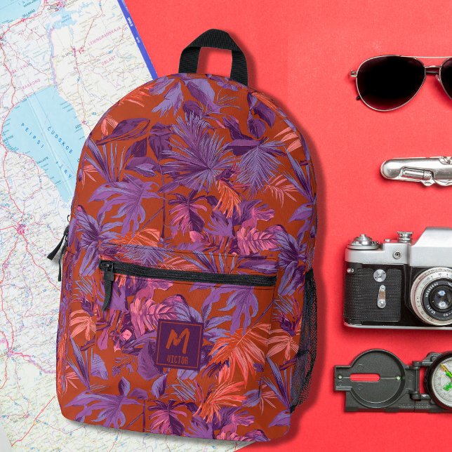 Mochila Impresa Diseño moderno de monograma rojo púrpura de hoja t (Modern tropical leaf red purple monogram design printed backpack, back to school, travel backpacks)