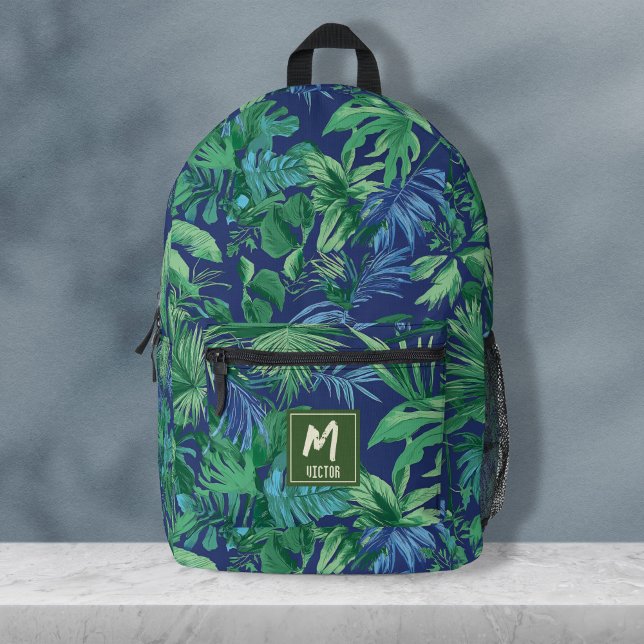Mochila Impresa Diseño personalizado moderno de hoja tropical azul (modern tropical leaf blue green name custom design printed backpacks, back to school backpacks)