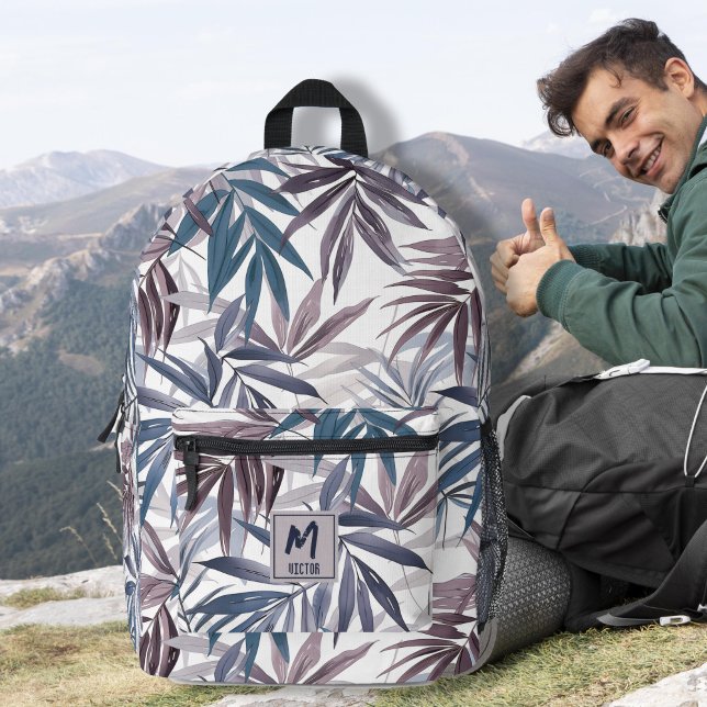 Mochila Impresa Diseño personalizado moderno de hoja tropical gris (Modern tropical leaf grey blue name custom design printed backpacks, travel backpack, back to school)