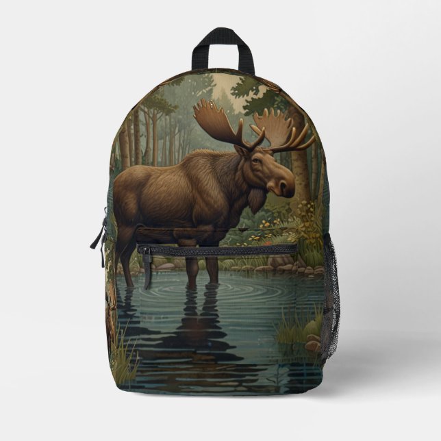 Mochila Impresa Diseño rústico del lago boscoso de bosque de oso (Anverso)