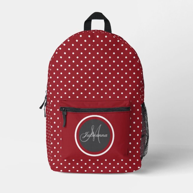 Mochila Impresa Divertido rojo oscuro con puntos de polka blanco - (Anverso)
