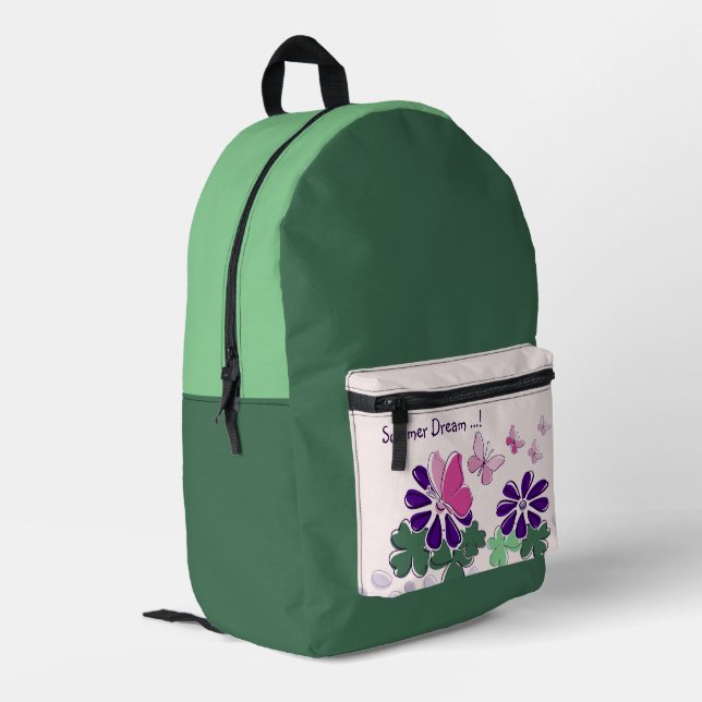 Mochila Impresa Doodle verde rosa morado florece eslogan mariposas (Esquina izquierda trasera)