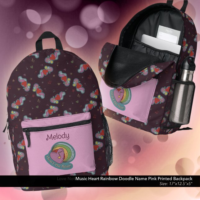 Mochila Impresa Doodles musicales nombre arcoiris rosa (Heart the Beat Rainbow Doodle  Design Backpack: Personalized with Owner's Name - Pink Accent Color)