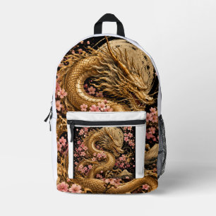 Mochila Impresa Dragón mítico dorado con elegante il floral rosa