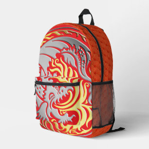 Mochila Impresa Dragonround - Cromado con fuego de oro en rojo