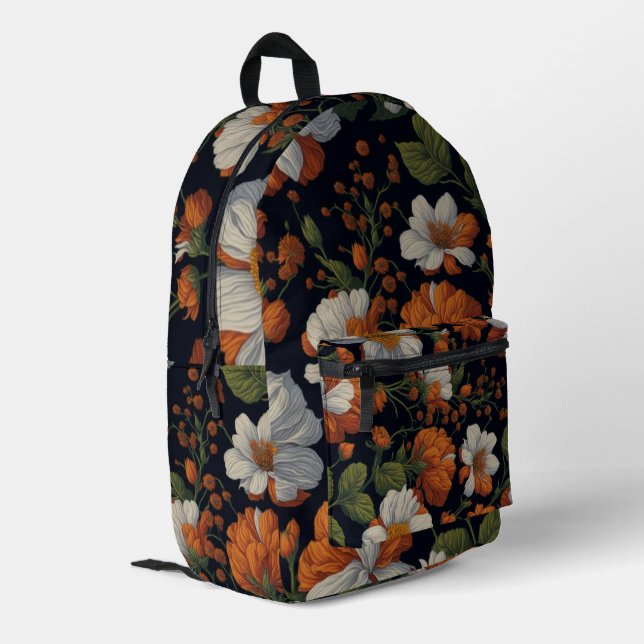 Mochila Impresa Dramática Naranja blanco elegante flores retro (Esquina izquierda trasera)