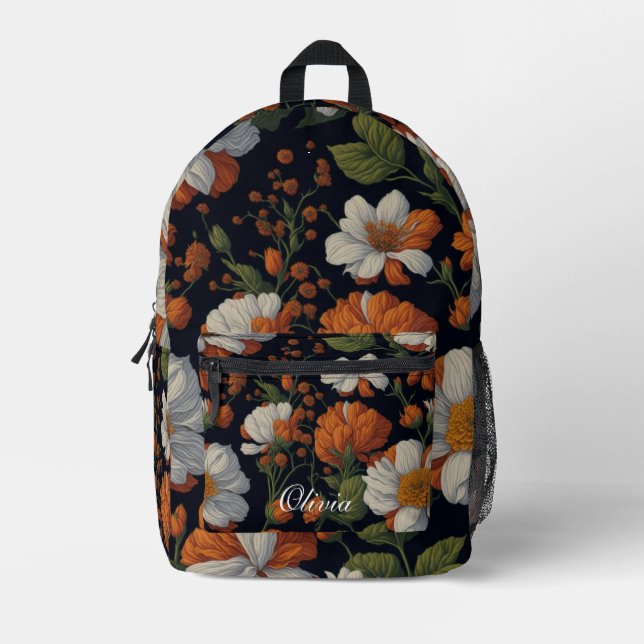 Mochila Impresa Dramática Naranja blanco elegante flores retro (Anverso)