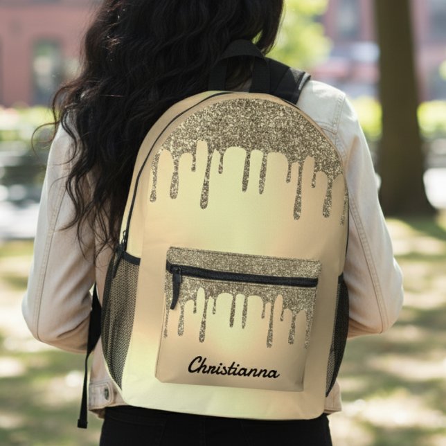 Mochila Impresa Drip Purpurina Gold (Gold Glitter Drip Printed Backpack
)