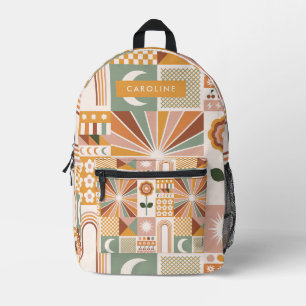 Mochila Impresa Earthy Geometric 70s Retro Nombre Personalizado