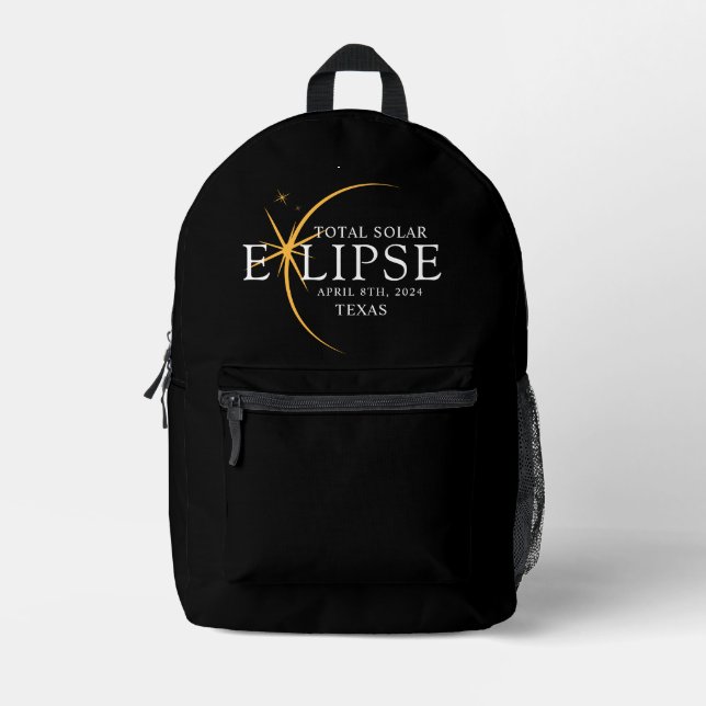 Mochila Impresa Eclipse solar total de 2024 Texas Black & Gold mod (Anverso)
