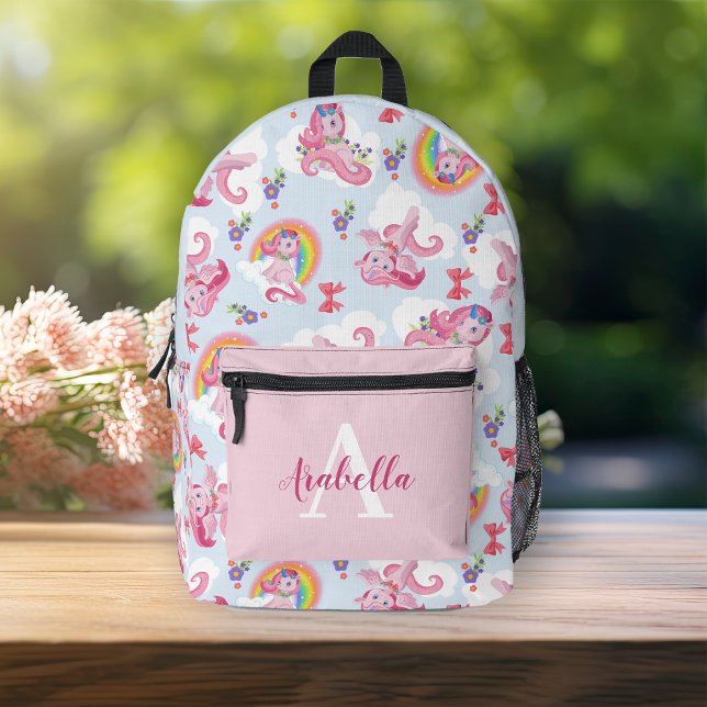 Mochila Impresa El arcoiris mágico personalizado de Unicornio (Personalized Magical Pink Unicorn Girly Rainbow Printed Backpack)