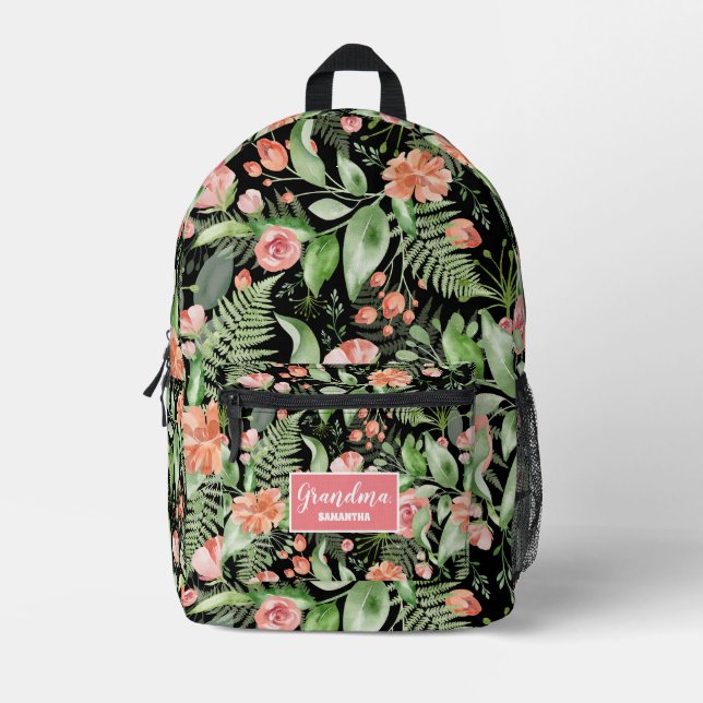 Mochila Impresa El día de la abuela floral personalizada en negro (Anverso)