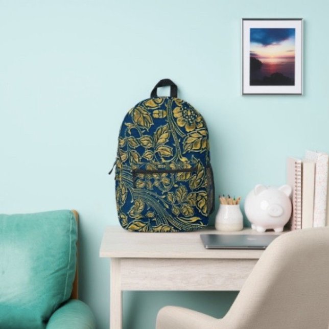 Mochila Impresa Elegancia de Flor de Oro  (Backpack – D: 17"x12.5"x5" Two-chamber design with laptop storage pouch. Mesh side pocket.
 )