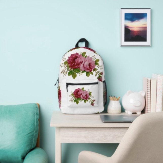 Mochila Impresa Elegancia de Rosa Vintage  (Backpack – D: 17"x12.5"x5" Two-chamber design with laptop storage pouch. Mesh side pocket.)