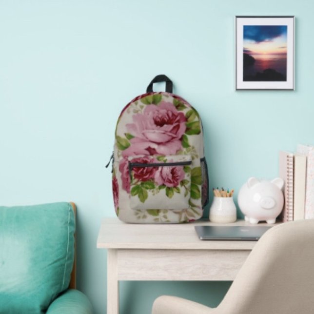 Mochila Impresa Elegancia de Rosa Vintage  (Backpack – D: 17"x12.5"x5" Two-chamber design with laptop storage pouch. Mesh side pocket.)