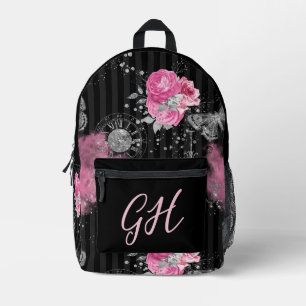 Mochila Impresa Elegancia Steampunk rosas rosadas en negro