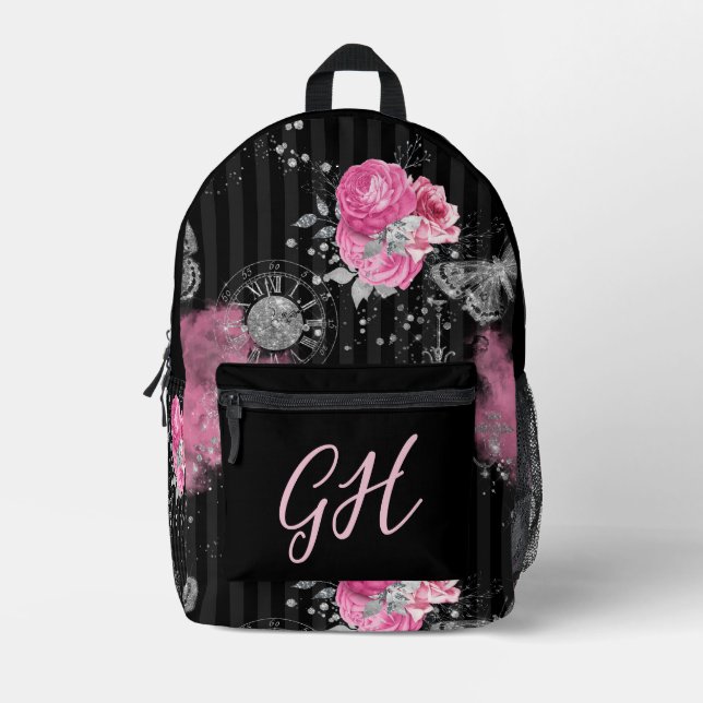 Mochila Impresa Elegancia Steampunk rosas rosadas en negro (Anverso)