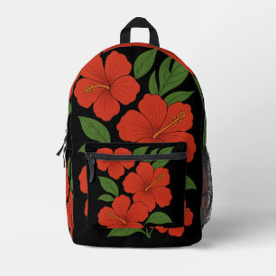 Mochila Impresa Elegancia Tropical Hibisco Rojo sobre Negro