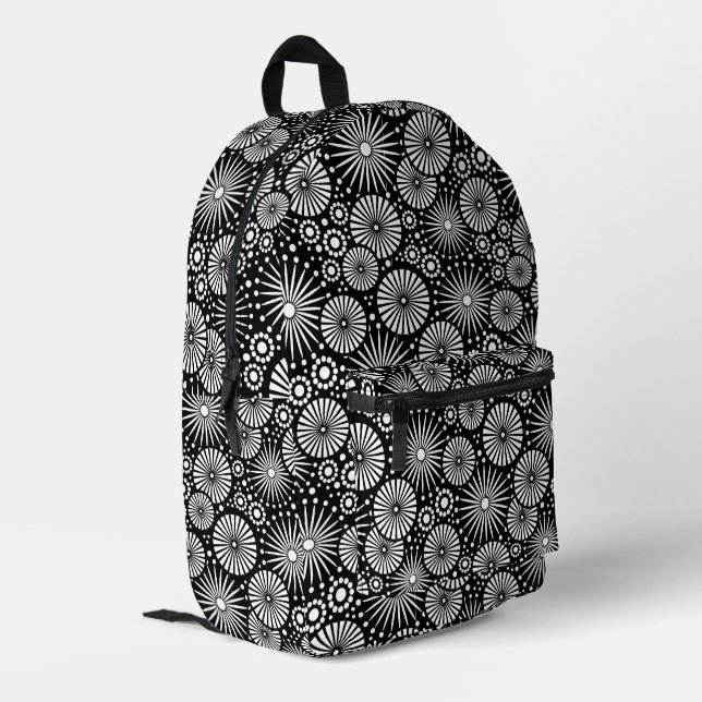 Mochila Impresa Elegant Black White Geometric Flowers Starburst (Esquina izquierda trasera)