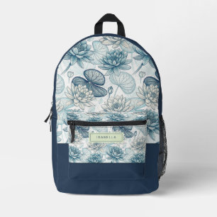Mochila Impresa Elegant Monogram Blue Water Lily and Lotus