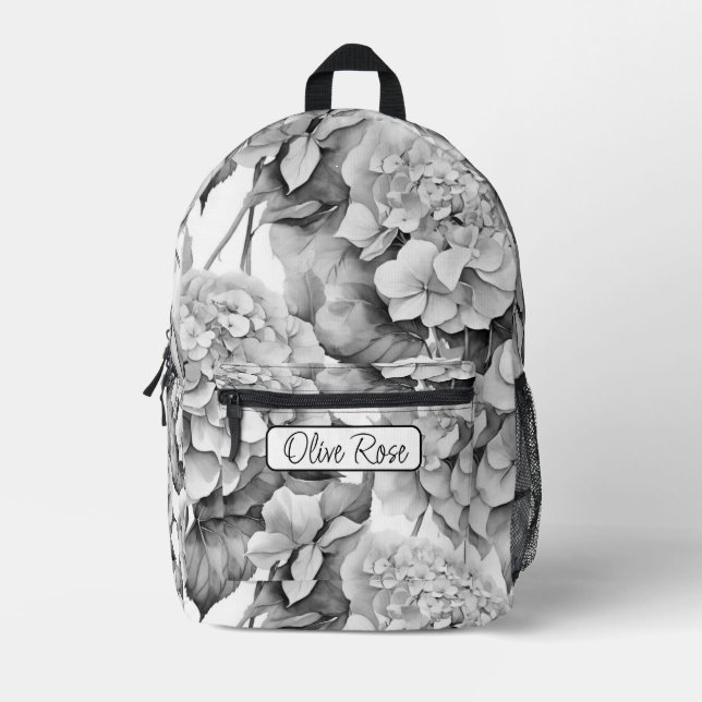 Mochila Impresa Elegante acuarela floral gris y blanco (Anverso)