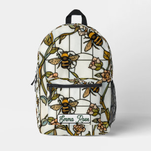 Mochila Impresa Elegante arte nuevo botánico abeja vidrio teñido