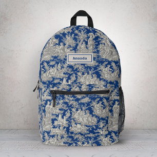 Mochila Impresa Elegante Azul Oscuro Vintage Toile de Jouy Monogra