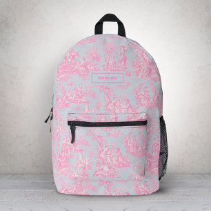 Mochila Impresa Elegante Azul Rosa Vintage Toile de Jouy Monograma