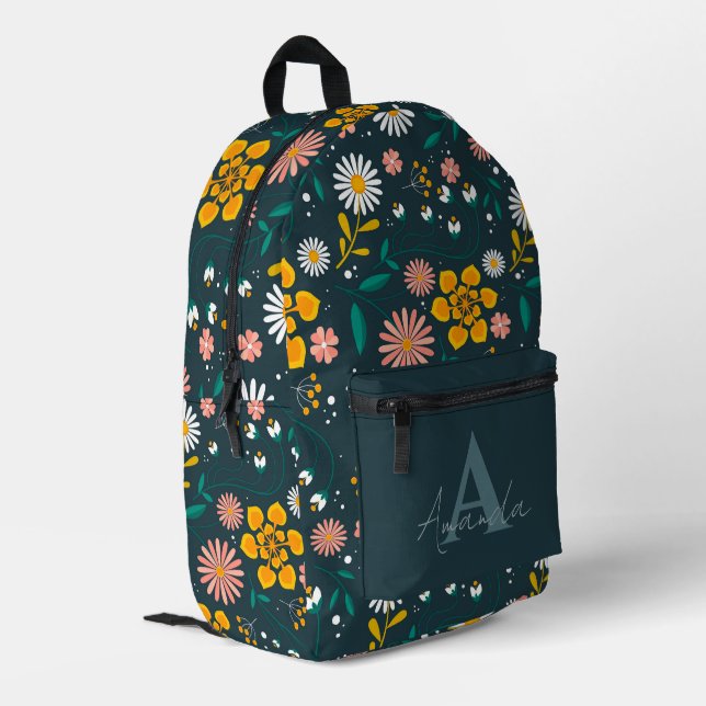 Mochila Impresa Elegante Bonito Verde Amarillo Floral Con Nombre (Esquina izquierda trasera)