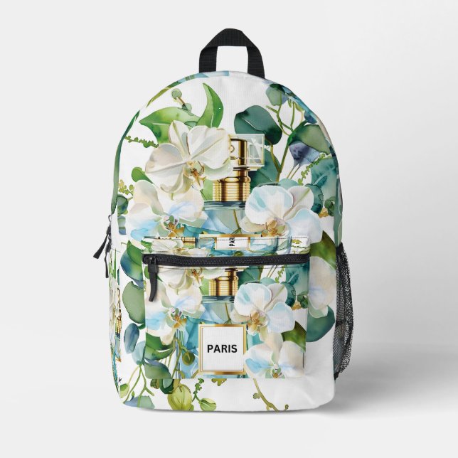 Mochila Impresa Elegante botella Perfume con orquídea blanca (Anverso)