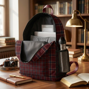 Mochila Impresa Elegante Cuadro Escocés Burgundy y Azul Marino Her