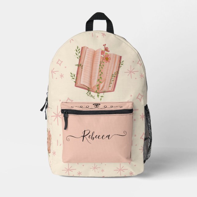 Mochila Impresa Elegante diario estelar floral rosa crema (Anverso)