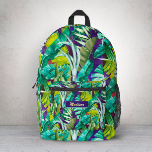 Mochila Impresa Elegante Estampado de Hojas Verdes y Moradas Tropi
