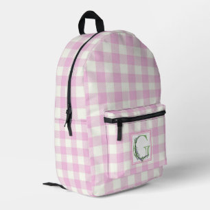 Mochila Impresa Elegante gingán blanco rosa letra G